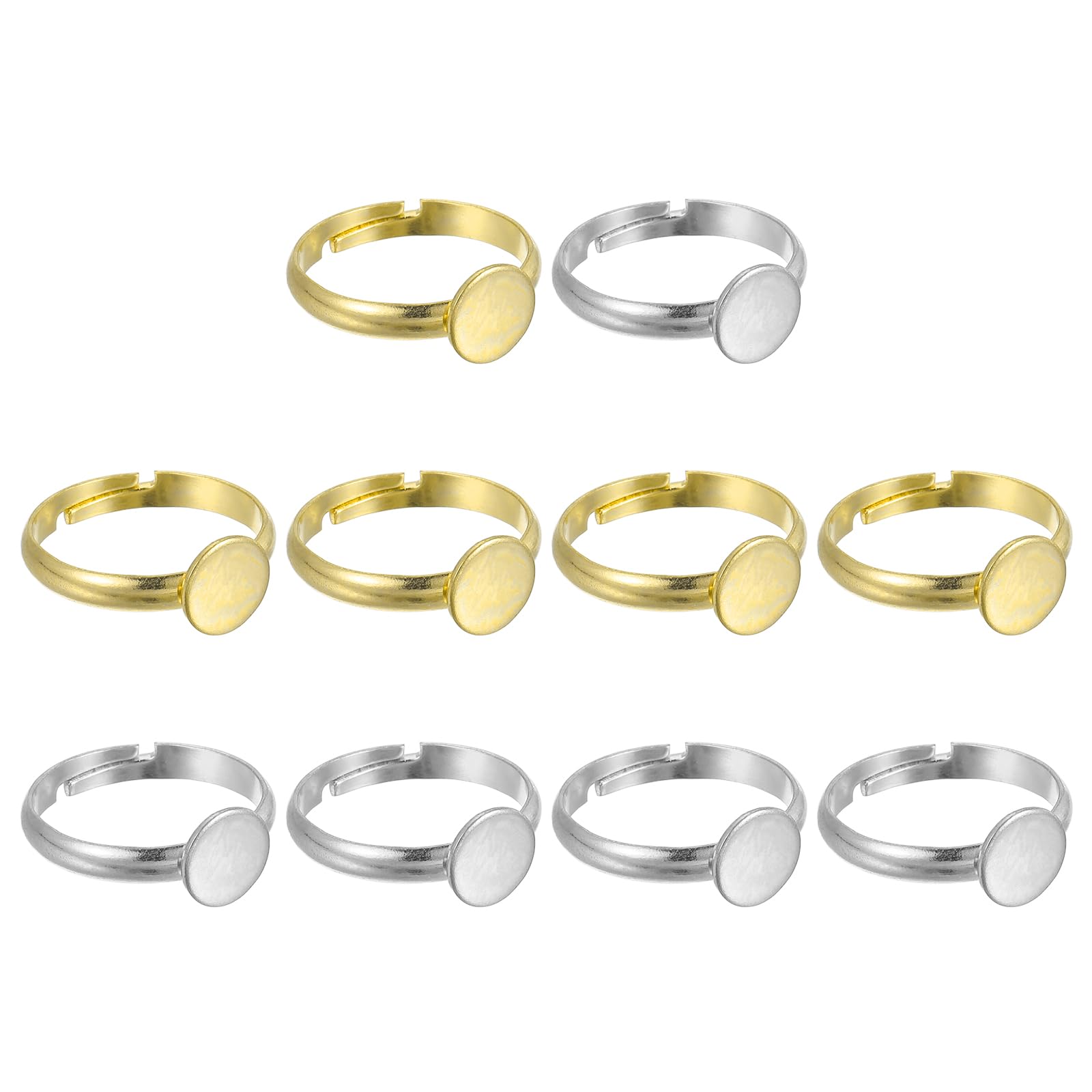 sourcing map 10Pcs Metal Ring Base Blank, 8mm Adjustable Pad Cabochon Ring Blank Base Flat Bezel Tray for Jewelry Making Finding DIY Craft, Silver/Gold