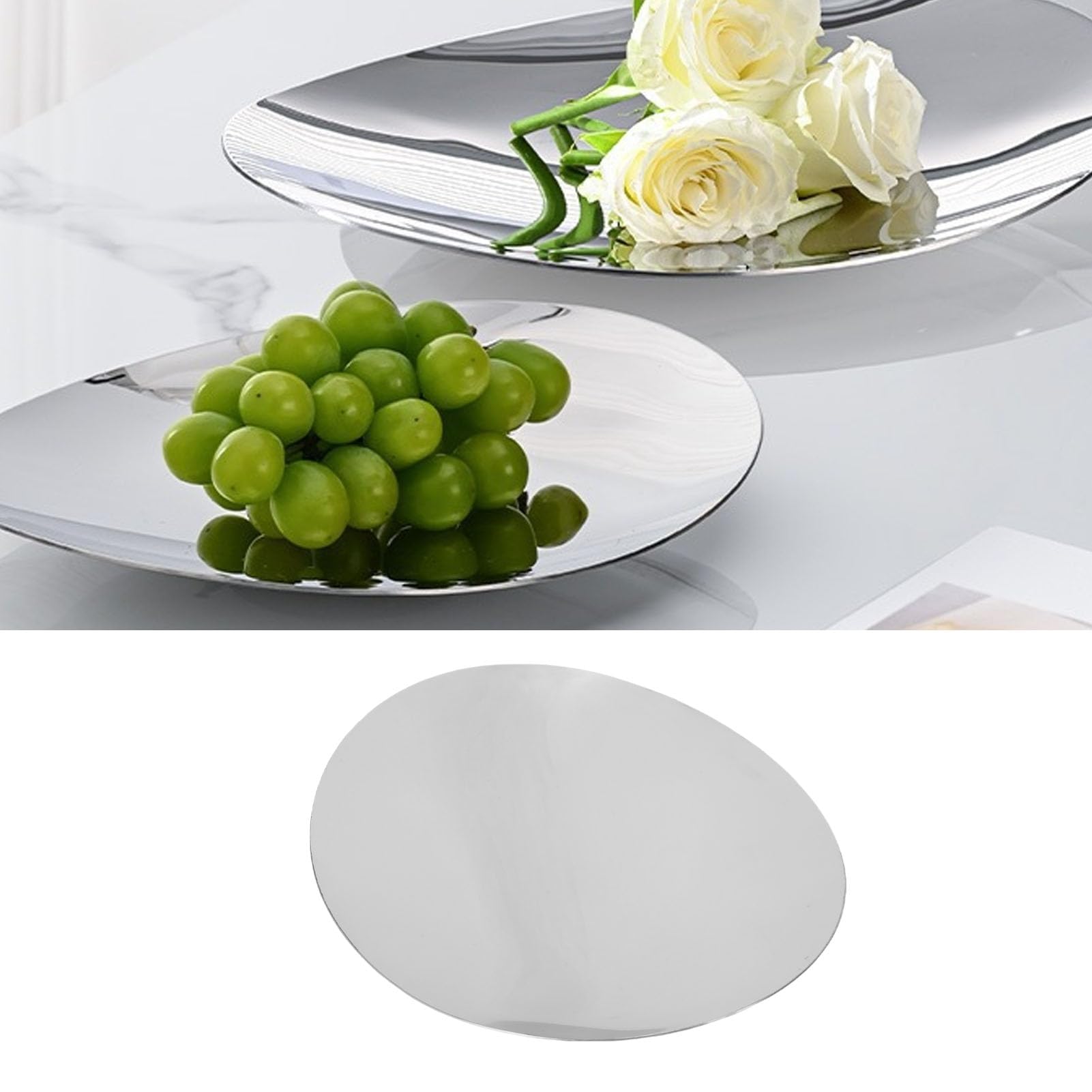 Bandeja para Servir Plateada, Bandeja para Servir de Acero Inoxidable con Acabado Pulido Espejo de Primera Calidad, Decorativa para Mesa de Centro con Tapete Antideslizante para Joyería, (S)