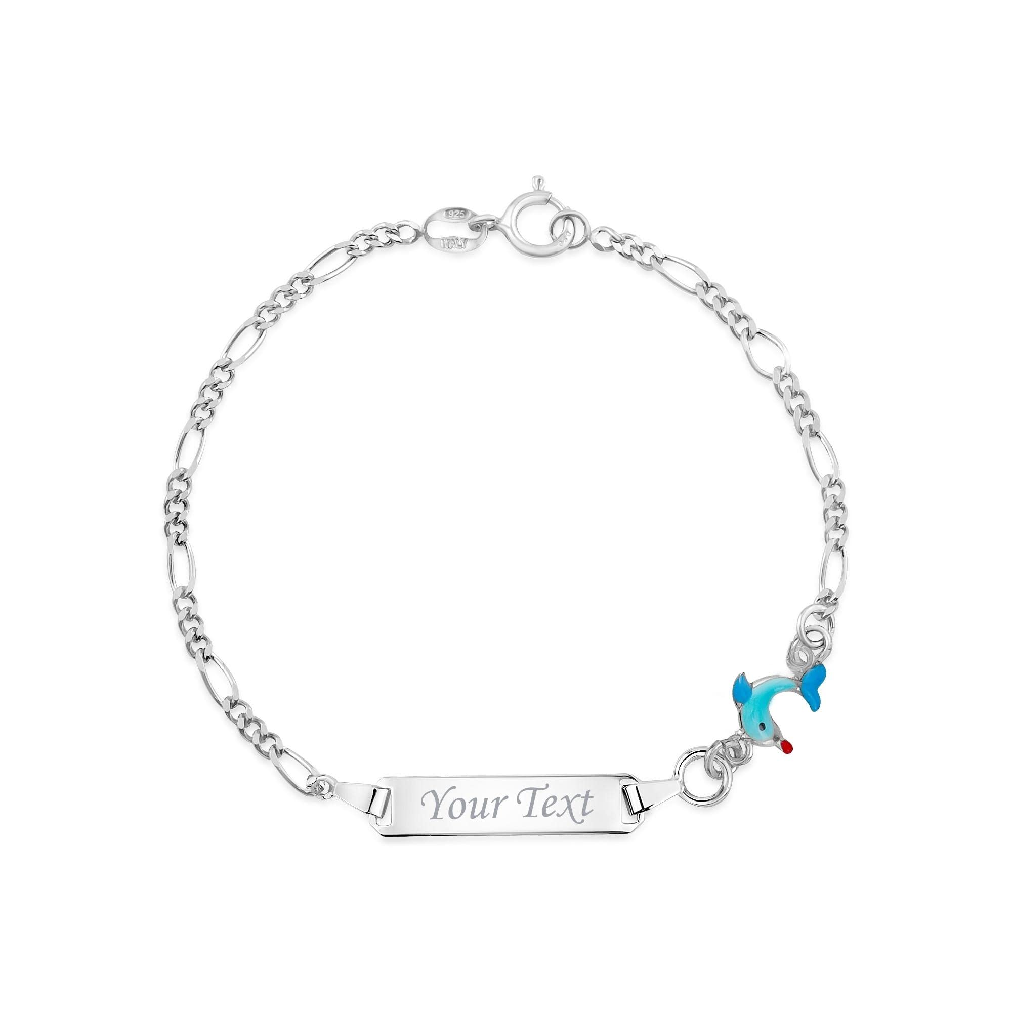UNICORNJ 925 Italy Sterling Silver Child or Baby Name Bracelet Girls Boys, Personalized Engraved Kids ID Bracelets, 6.5" Figaro Chain, Enamel Charm Newborn Infant Toddler Kid Jewelry