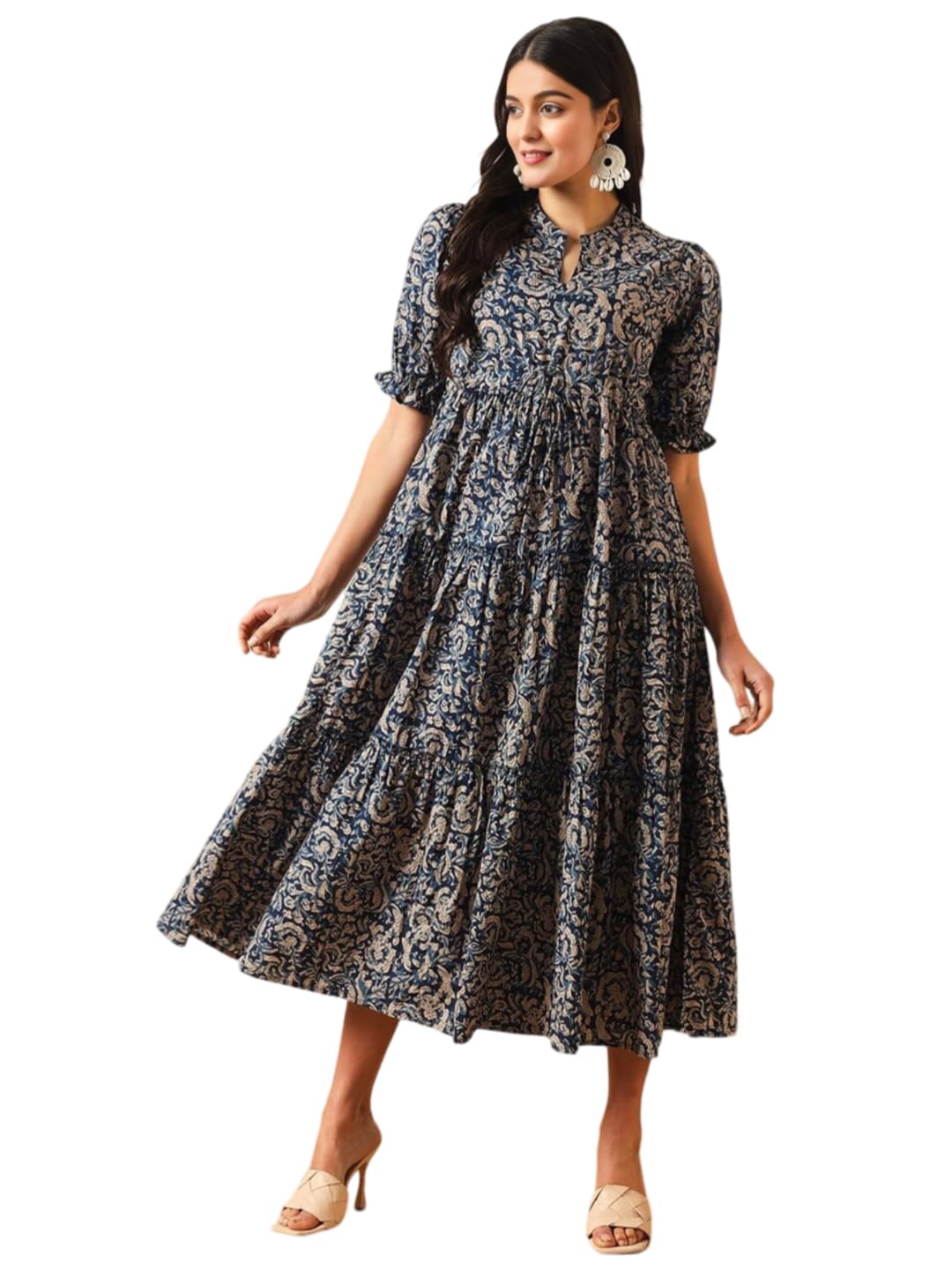 presha Women's Fit and Flare Pure Cotton Long Maxi Dress (SP-11 Blue)-picture-19