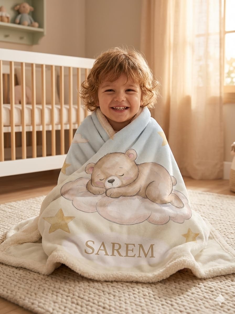 Personalized Teddy Bear Baby Blanket with Custom Name, Cute Sleeping Bear Cloud Stars Nursery Decor, Ultra Soft Plush Fleece Toddler Bedding Throw 50x60, Newborn