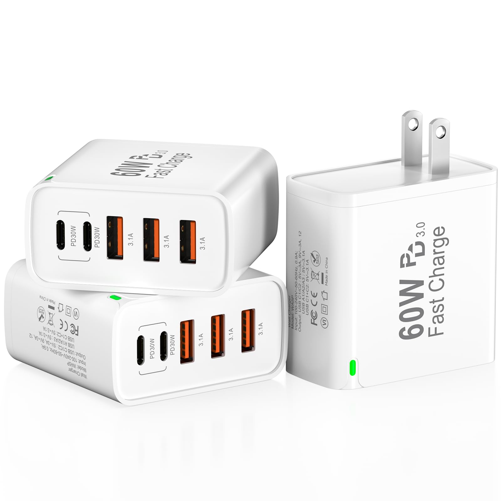Paquete de 3 bloques de carga rápida USB C, 60 W, 5 puertos, cargador de pared USB C de 30 W, bloque de carga tipo C, 2 USB C + 3 USB A PPS/PD 3.0, cubo de carga multipuerto para iPhone 16, 15, 14, 13