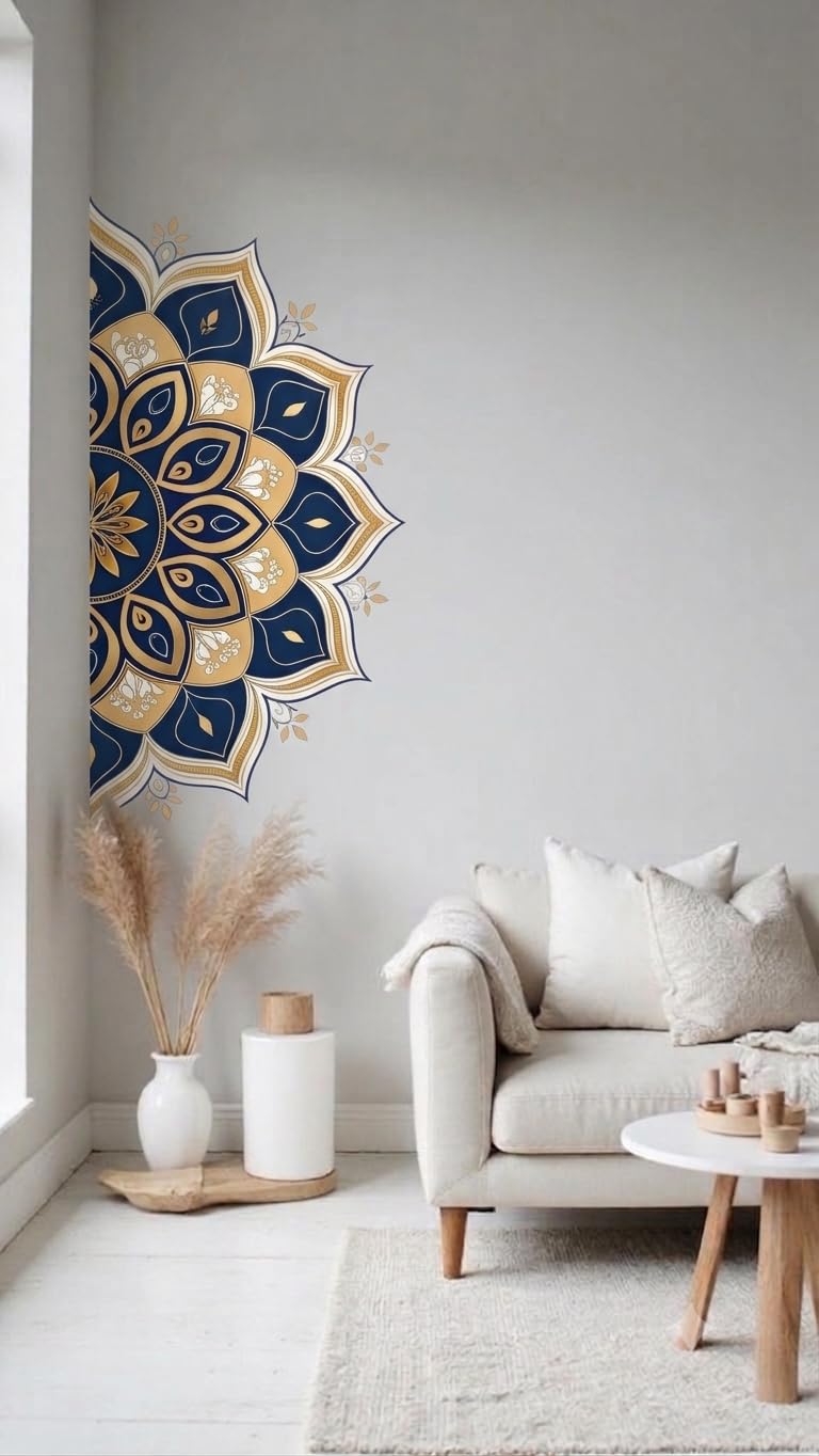 Half Mandala Wall Sticker, Navy Blue and Gold, Floral Boho Decor, 55 x 110 CM Self Adhesive Sticker (Pack of 1)-image-30