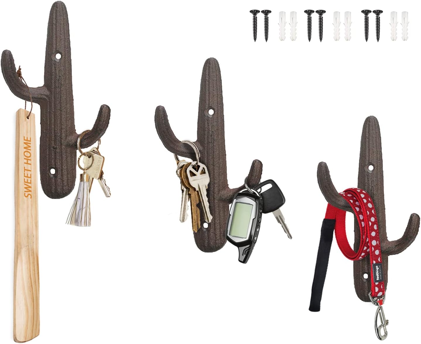 Product image of Comfify Set of 3 Hooks Cast Iron Cactus Double Wall Mounted Hooks/Hangers - Decorative Wall Mounted Hooks for Coats, Bags, Towels and More - w/Screws and Anchors Included - Brown