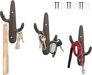 Comfify Set of 3 Hooks Cast Iron Cactus Double Wall Mounted Hooks/Hangers - Decorative Wall Mounted Hooks for Coats, Bags, Towels and More - w/Screws and Anchors Included - Brown