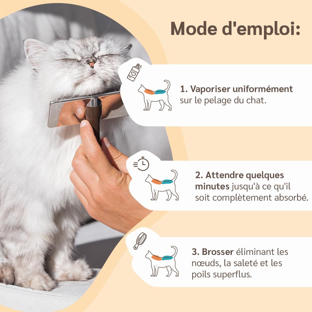 amusi Spray Démêlant Poil Chat 250 ML – Demelant Chat Poils Longs sans Rinçage Naturel & Végétalien - Pelage Doux, Brillant et Léger – Made in Italy