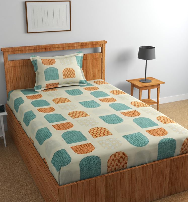 NEW LEAF Presents Pure Cotton Feel 180TC Single Bedsheets for Single Bed Diwan Bed (Size- 90 x 60 Inches) with 1 Pillow Covers(Size-18 X 28) TealBeige Pista