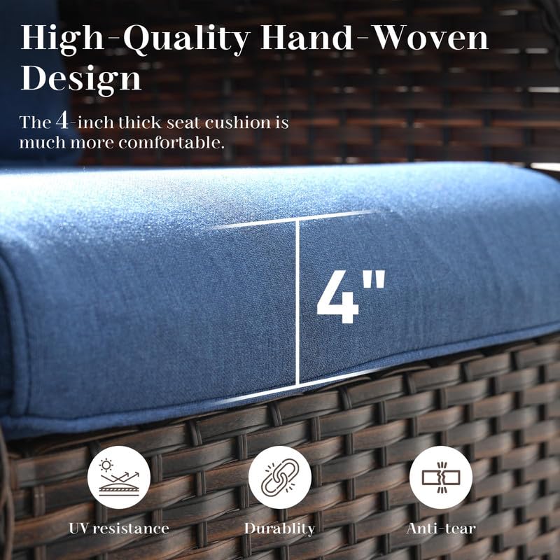 Image of Rilyson 3 Seat Outdoor Wicker Couch, Rattan Patio Sofa, Blue Cushions | High Back and Deep Seating, All Weather, Water-Resistant, Removable Cover, Stain-Resistant, for Garden Backyard Deck
