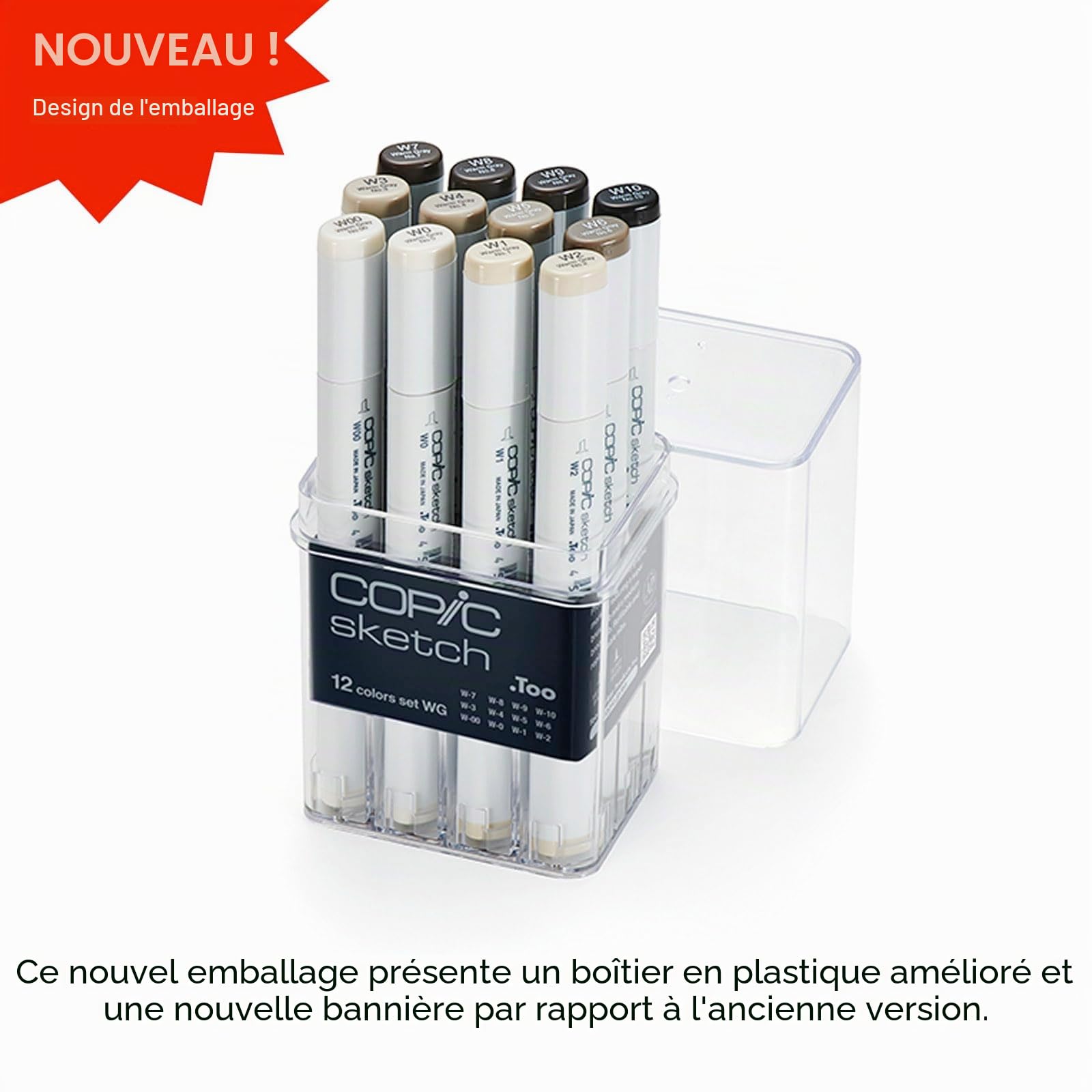COPIC Sketch Set « 12 Colors WG », Set de 12 pièces dans un présentoir en acrylique, Twin Marker avec une pointe moyenne et une pointe Brush