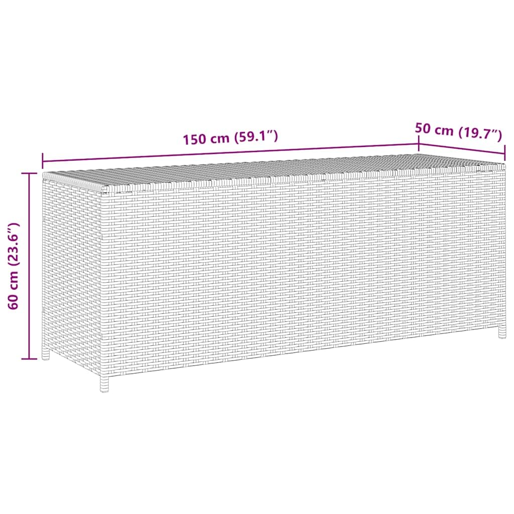 Szara skrzynia ogrodowa z polirattanu 150 x 50 x 60 cm, skrzynia na poduszki na taras, balkon, miejsce do przechowywania poduszek i ławki do siedzenia o wadze 160 kg