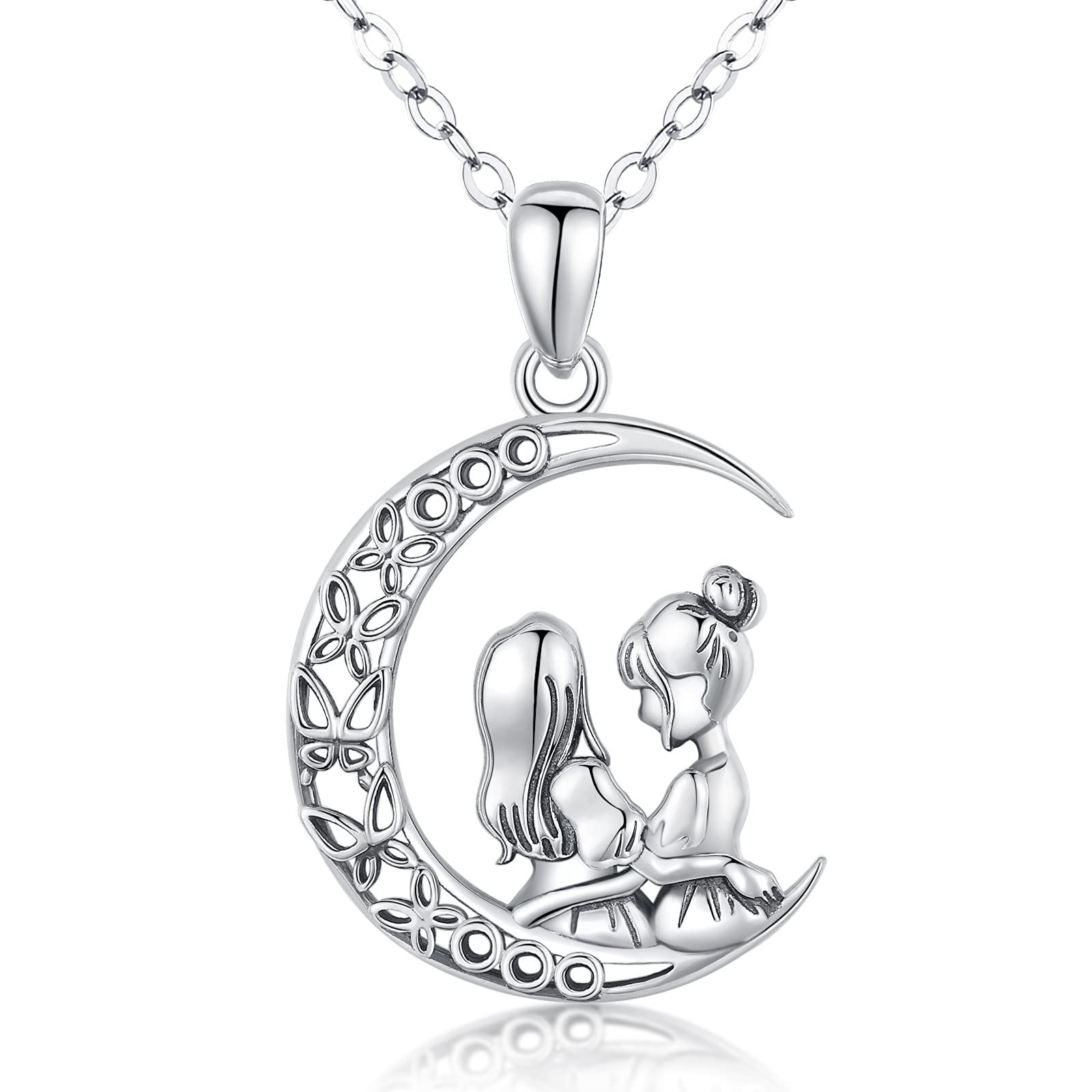 Friggem Árbol de la vida hermanas collar para mujer, plata de ley hermanas luna colgante media luna collar, cadena de 18.0 inch árbol de la vida amistad joyas regalos para mujeres hermana madre