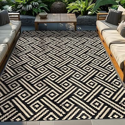 ROCYJULIN Outdoor Plastic Straw Rug 5x8 Ft, Outdoor Rug for Patio, Waterproof Outdoor Carpet for Camping, Deck, Rv, Balcony, Porch, Backyard, Reversible Outdoor Area Rug, Black and Beige