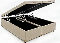 Cama Box Baú Queen Bipartido 79, Blindado, Pistão á Gás, Pés de Madeira (Corino, Bege)