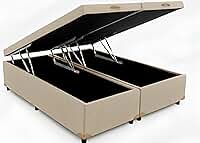Cama Box Baú Queen Bipartido 79, Blindado, Pistão á Gás, Pés de Madeira (Corino, Bege)