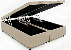 Cama Queen Base Box Baú Bi-partida Corino 79 Blindada E Resistente (Bege)