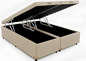 Cama Box Baú Queen Bipartido 79, Blindado, Pistão á Gás, Pés de Madeira (Corino, Bege)