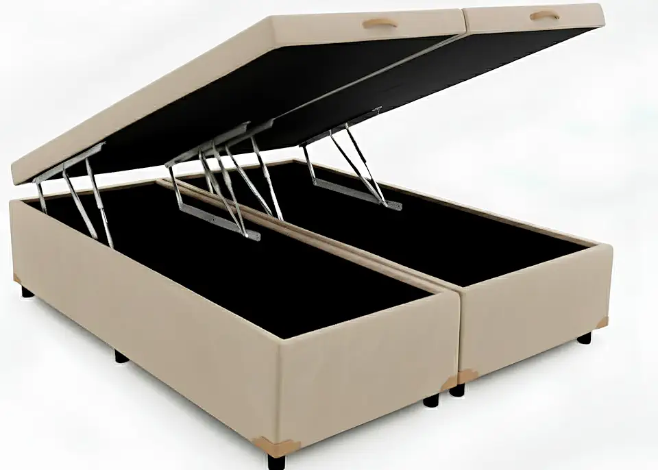 Cama Box Baú Queen Bipartido 79, Blindado, Pistão á Gás, Pés de Madeira (Corino, Bege)