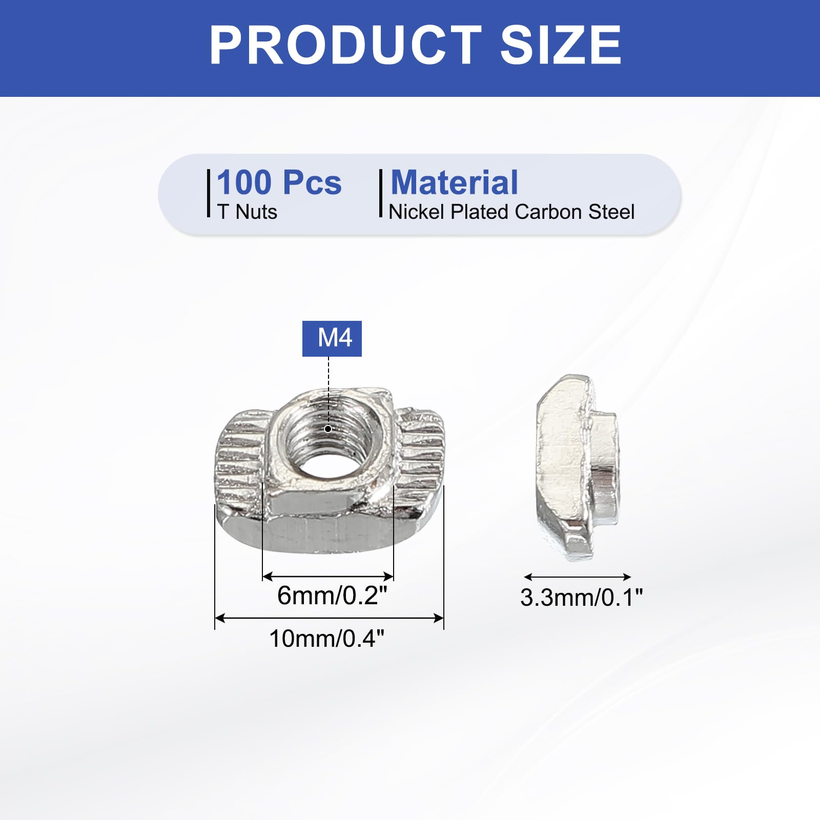 PATIKIL 2020 Series M4 t Nuts, 100pcs t Slot Nut Hammer Head Fastener Nut, Nickel Plated Carbon Steel Nut for Aluminum Profile l Silver - Image 2