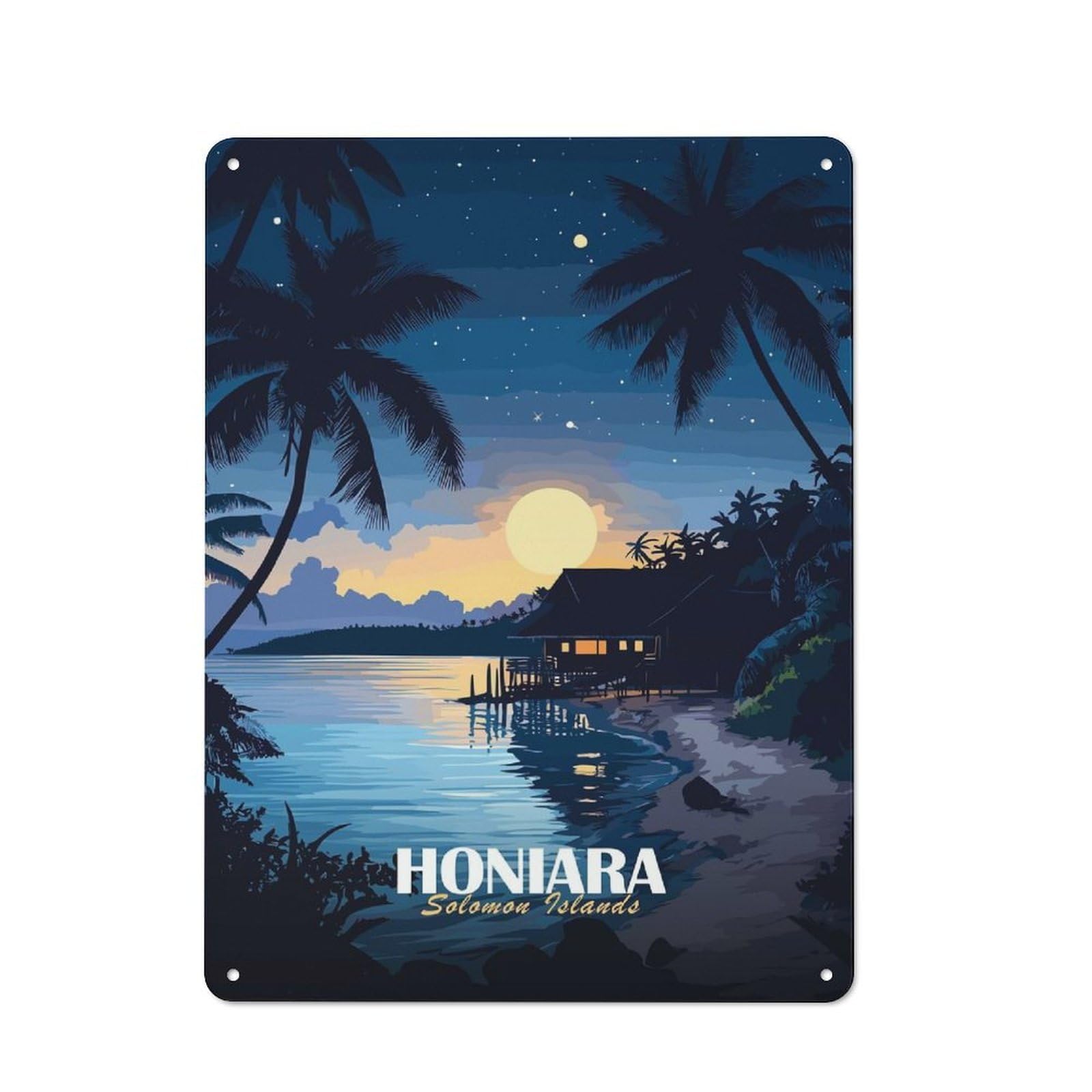 Junmoney Style-19 Tin Sign With Honiara, Solomon Islands Tropical Night Design 40X30cm, Understated Studio Wall Plaque For Hobby Room, Office, Lounge Or Living Room