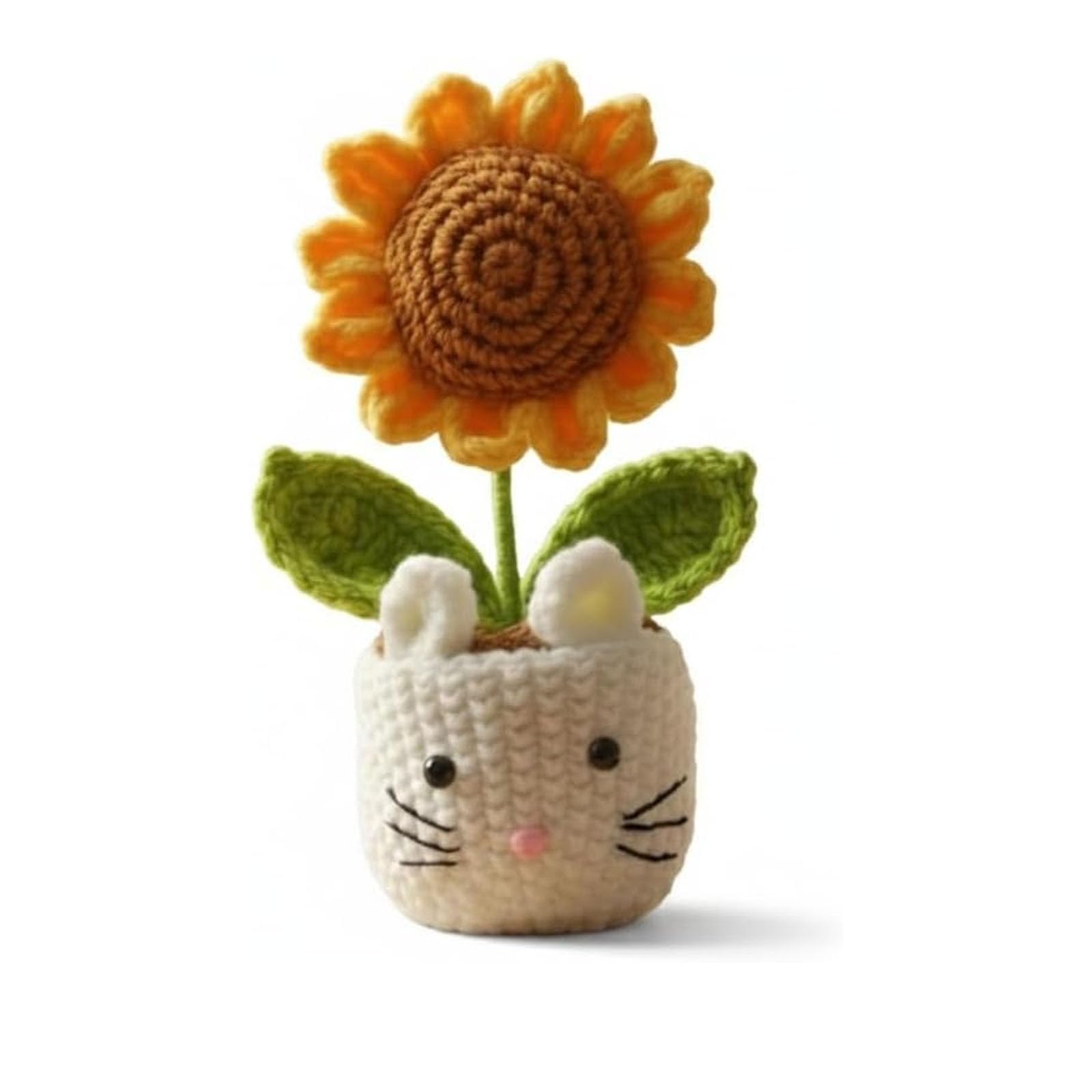 BAGUBDR Crochet Flowers, Knitted Flowers, Crochet Sunflower, Handmade Sunflower Cat Planter, Decorative Home Accessory, Crochet Flower Pot for Indoor Decor, Cat Themed Planter