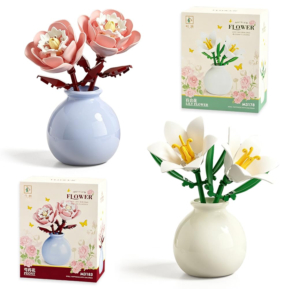 Flower Building Blocks Set, 2PCS Building Blocks Plant Lily and Peony - Mini DIY Brick Flowers Set (Including Ceramic Vase), Flower Block, Delicate Desk Decorations, Birthday Gift for Girls Boys
