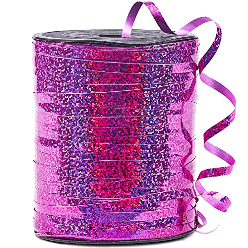 PartyWoo Hot Pink Ribbon, 1/5'' x 500 Yard Curling Ribbon for Crafts, Iridescent Crimped Ribbon, Shiny Metallic Ribbon for Gift Wrapping, Ribbon for Balloons String, Hair, Florist Flower (1 Roll)