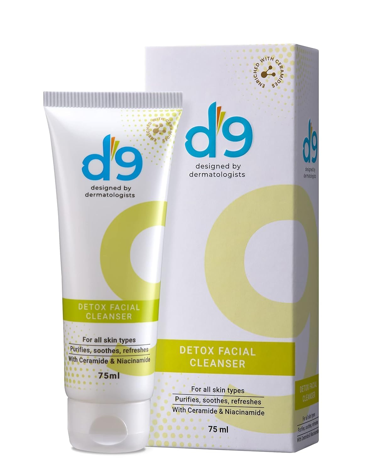 D9 Detox Facial Cleanser Face wash | All Skin Types | Purifies/Soothes/Refreshes With Ceramide & Niacinamide | Designed by Dermatologists | Men & Women (Pack of 2 (75ml+75ml)