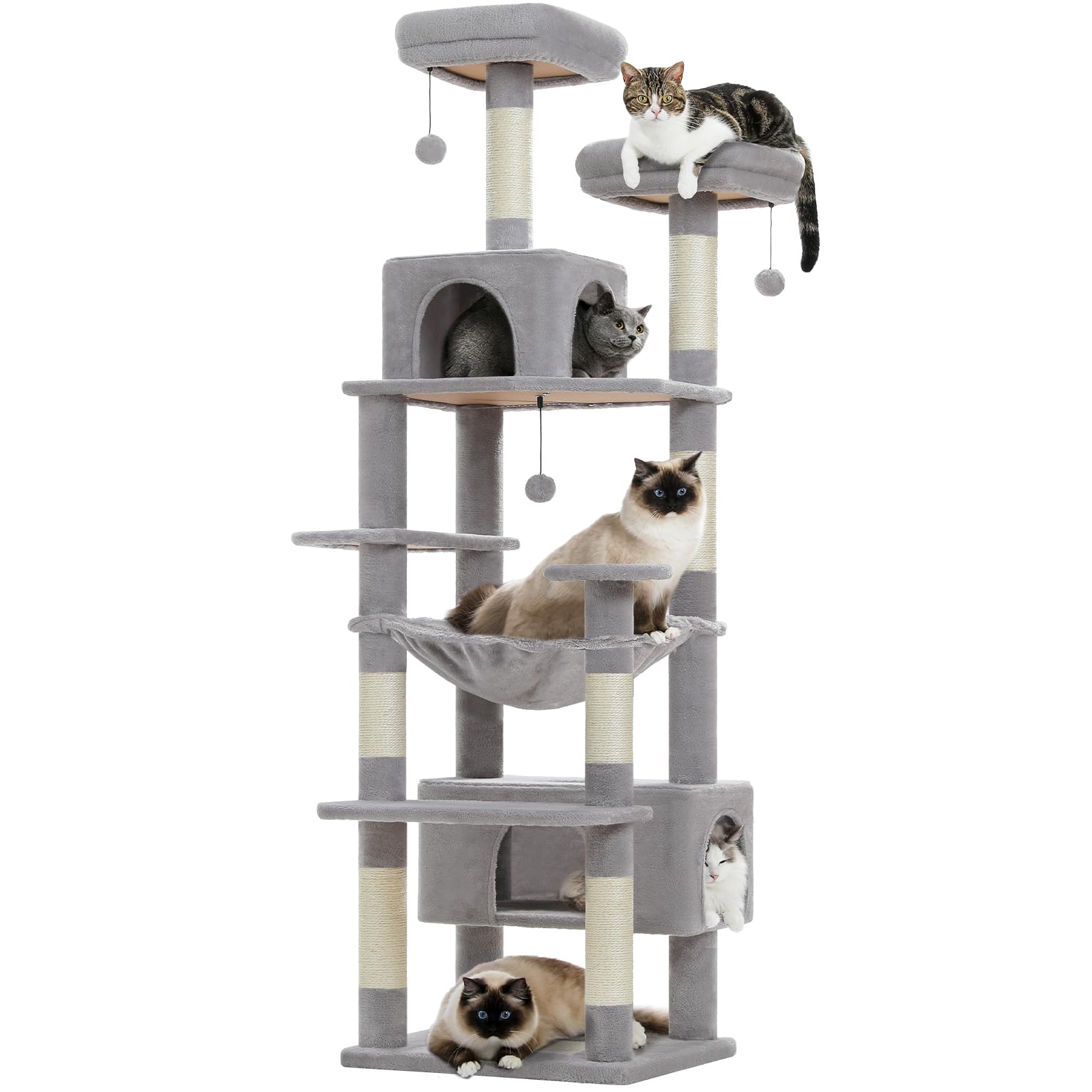 PAWZ Road Large 72 Inch Cat Tree and Tower for Indoor Cats - With Sisal-Covered Scratching Posts, Padded Perches, Condos, and Basket - Gray