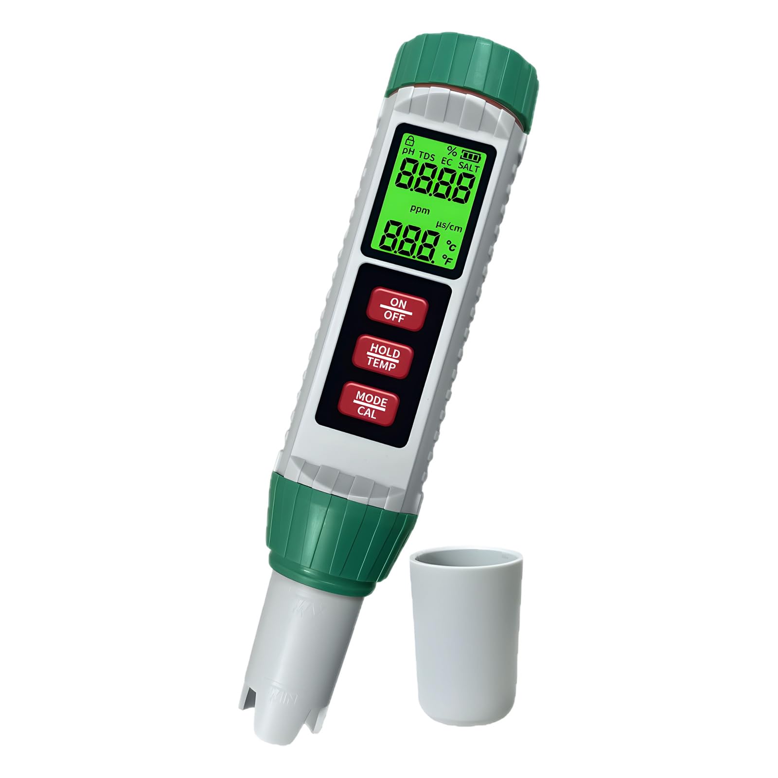 Comprobador de calidad del agua 5 en 1 pH EC TDS salinidad alta precisión | Sonda resistente a la corrosión/pantalla LCD dual
