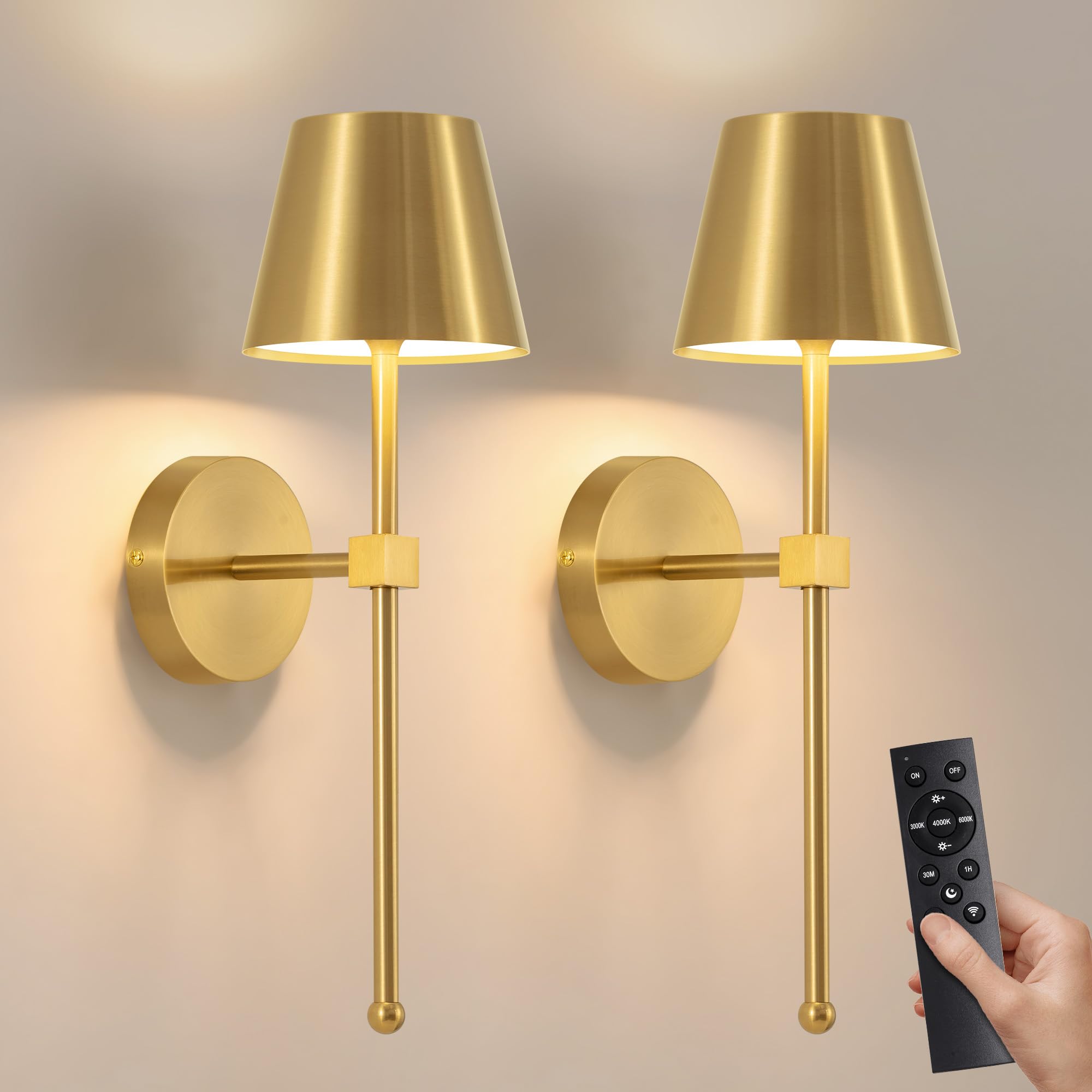 NEWSEE Battery Operated Wireless Wall Sconces Set of 2, 5200mAh Rechargeable LED Small Wall Lights,Dimmable Cordless Lamp for Wall Painting,Living Room,Bedroom, Hallway,Gifts,Night Light(Gold)