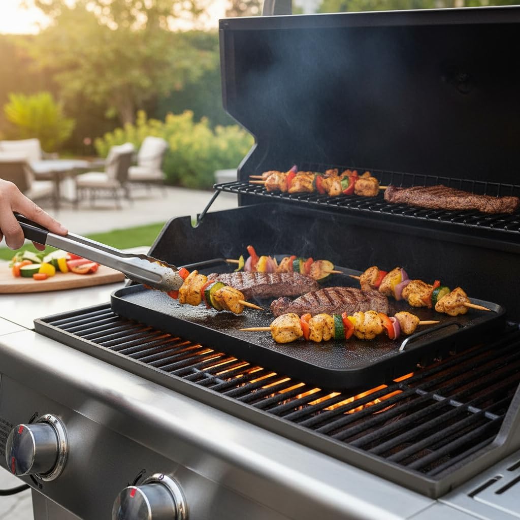CUSIMAX Stove Top Griddle Pan, 14.96" x 8.66" Aluminum Non-stick Grill & Griddle Pan with Stainless Steel Handles, Flat Top Grill for Gas Stove/Charcoal Grills/Indoor&Outdoor Grill or Campfire