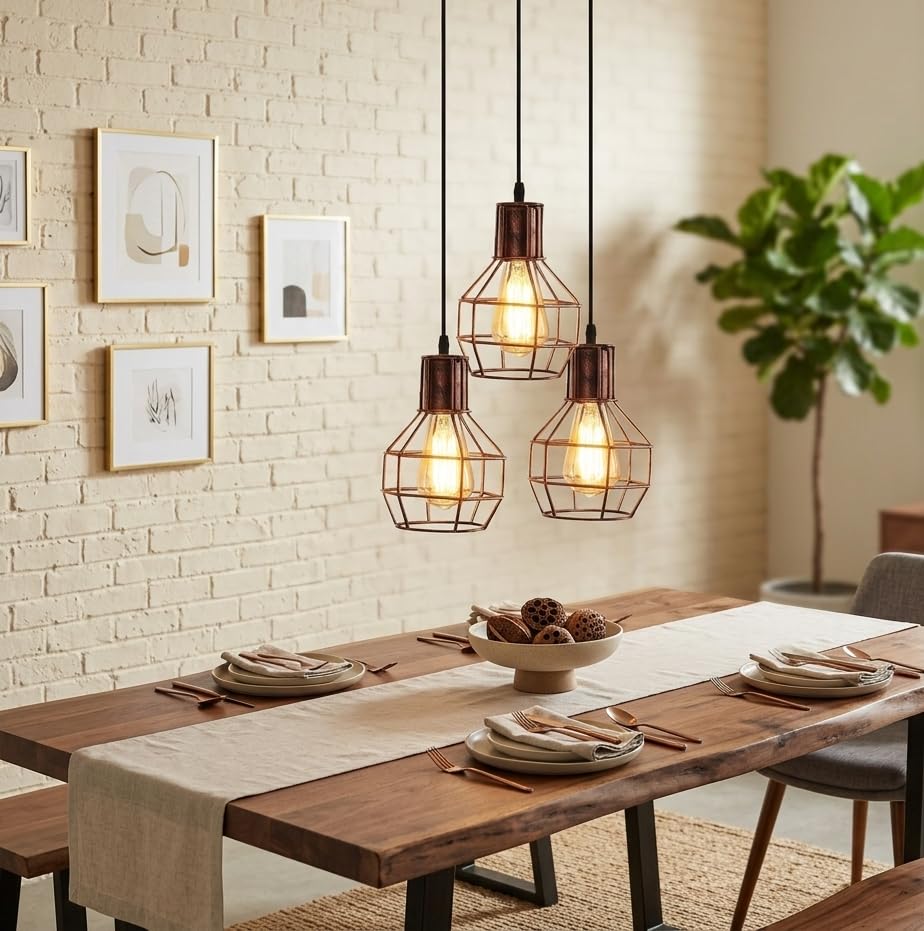 Industrial 3 Light Pendant Ceiling Light with 3 x E27 Edison Bulbs Included, Adjustable Hanging Cables (Max 95cm), Rustic Red Metal Cage Nest Design, Modern Lighting for Dining Room and Bar