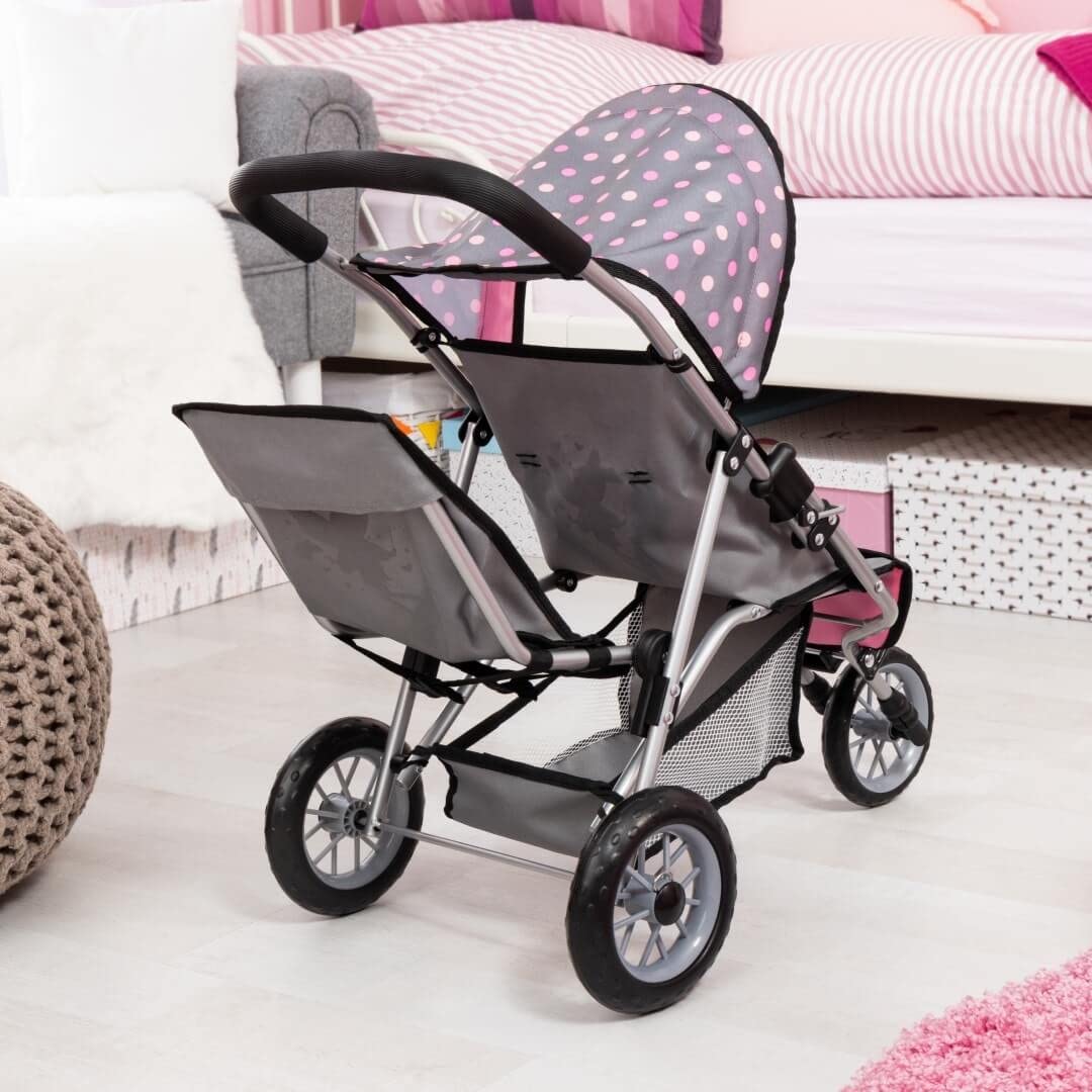 Bayer Design 39166AA Wózek dla lalek Duo, bliźniaczy jogger, składany, z koszem na zakupy, szary, różowy, wróżką