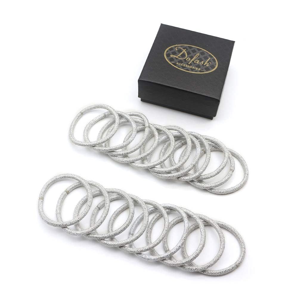 Dofash 20Pcs Hyper Solid Elastic Hair Ties Poly Holder 4Mmx5.5" Hair Accessories With Gift Box For Girls (silver)