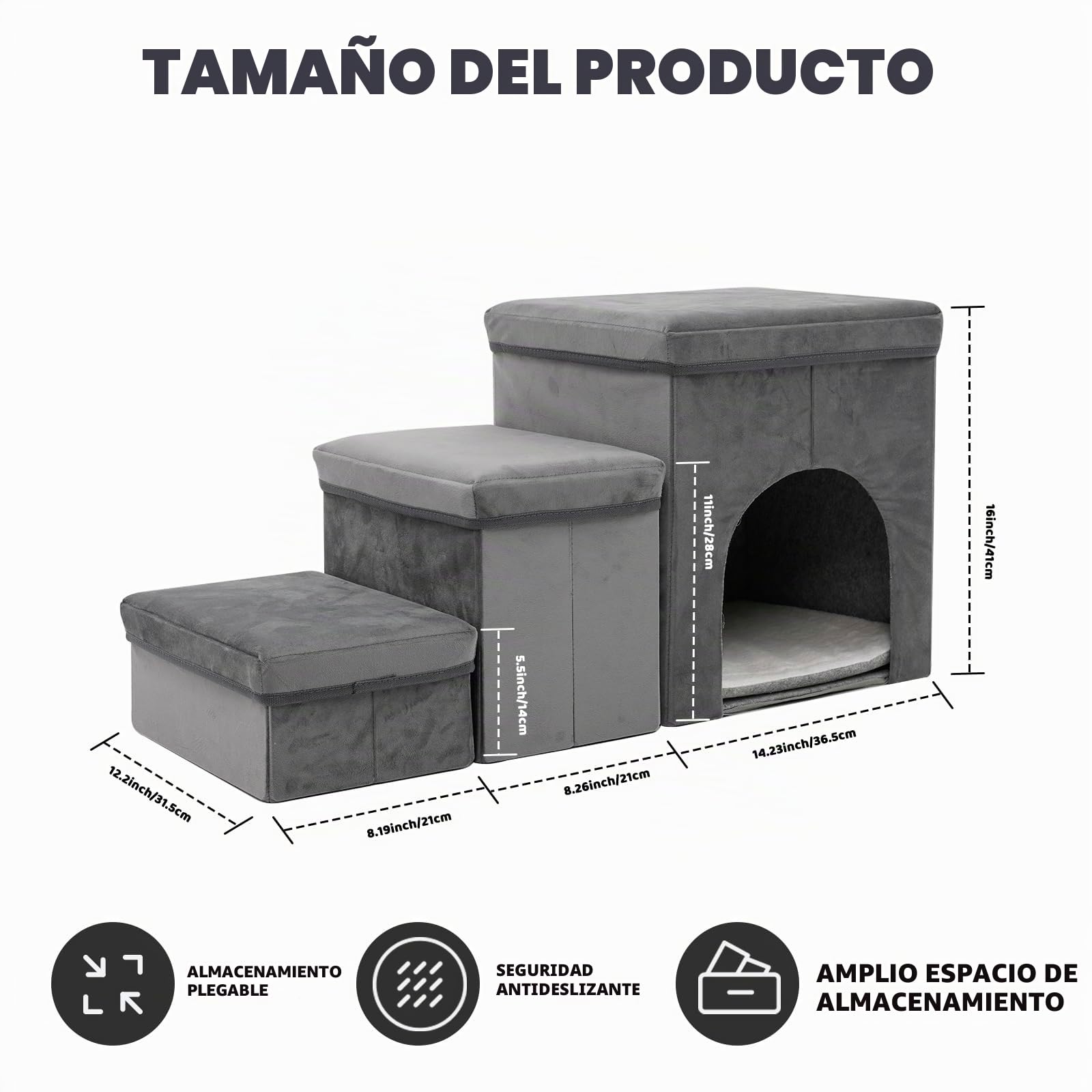 Escalera para Perros de 3 Niveles para Perros Pequeños,con Espacio de Almacenamiento para Cama,Sofá,40 cm de Alto,Escalera para Gatos Viejos,Esponja para Mascotas,Gris y Azul