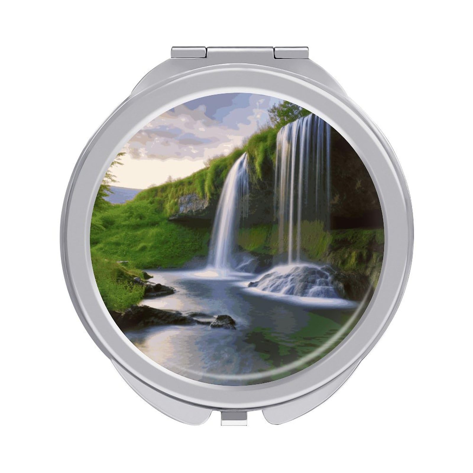 JTREHY Waterfall Landscape Makeup Mirror Silver Mirror Surface Folding Makeups Mirrors Lightweight Durable Looking Glass for Suitable Traveling Handbag and Purses