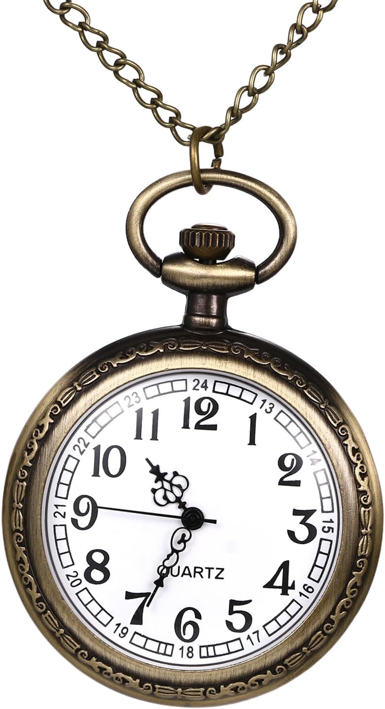 JewelryWe Men Women Pocket Watch: Classic Arabic Numeral Quartz Open Face Vintage Fob Pendant Timepiece with Chain