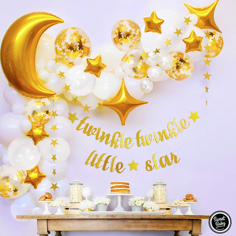 Sweet Baby Co. Twinkle Twinkle Little Star Baby Shower Decorations for Boy or Girl with Balloon Garland, Moon and Stars Light Decoration Balloons, Party Banner for Wedding