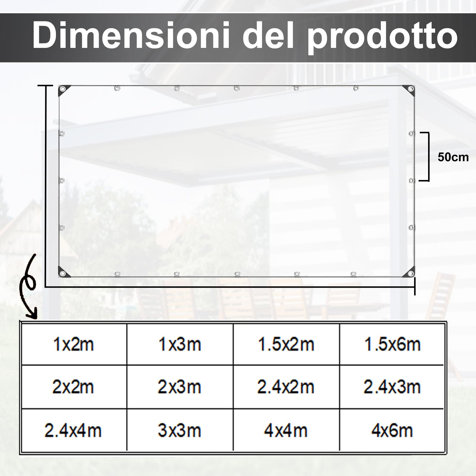 Telone impermeabile trasparente 420g/m², Telo resistente alle intemperie con occhielli, Teloni pieghevoli in PVC da 0,3 mm spessore per Barche, Giardino, auto, Compreso corde e fascette (2X3M)