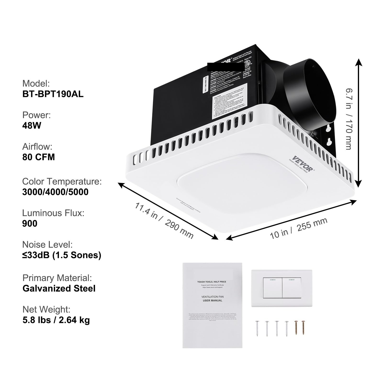 Extractor de aire for baño 80/110 CFM, alta eficiencia ventilación, 1,5 sones, bajo nivel ruido, ahorro energía,Ventilación confiable(80CFM)