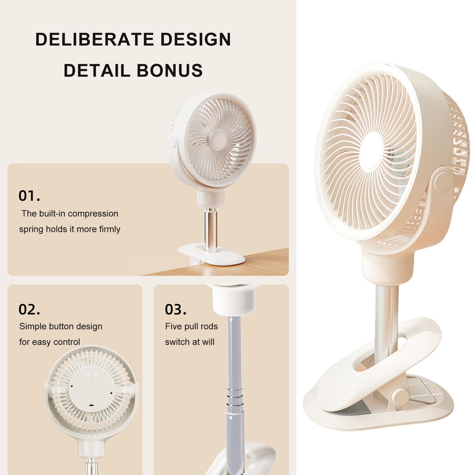 Ventilatore oscillante a clip da tavolo, altezza regolabile, ricaricabile tramite USB, portatile, telescopico, con luce a LED, ventilatore ricaricabile