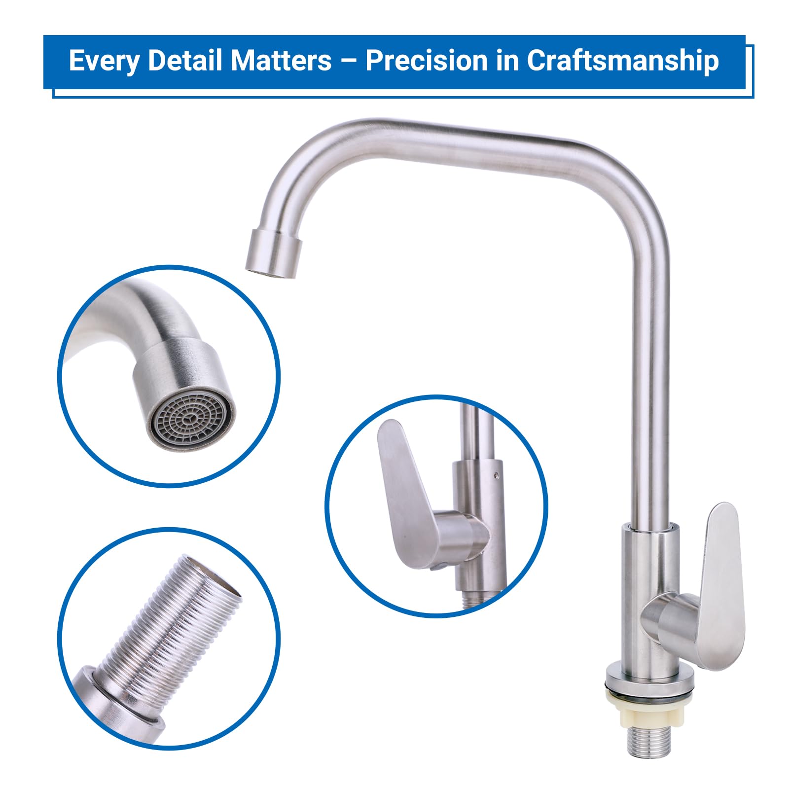 Grifo Cocina - Grifo Solo Agua Fría, Acero Inoxidable 304, Giratorio 360°, con Monomando, Ideal para Fregadero, Cocina o Lavadero(Adecuado para poros de 2,1-4,0 cm)