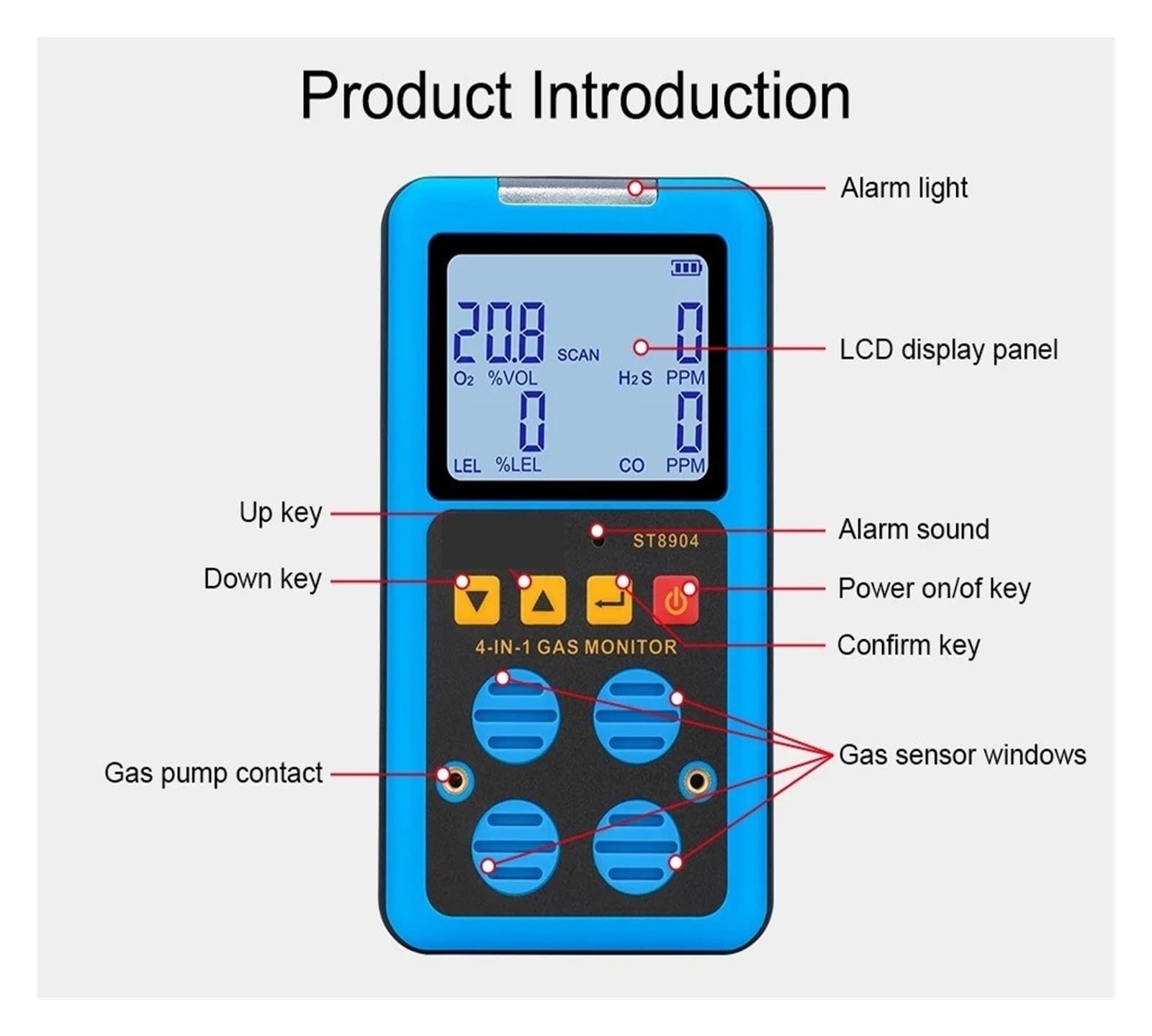 ST8904 Tragbarer Gasdetektor 4 Gasmonitor for Arbeit, Zuhause