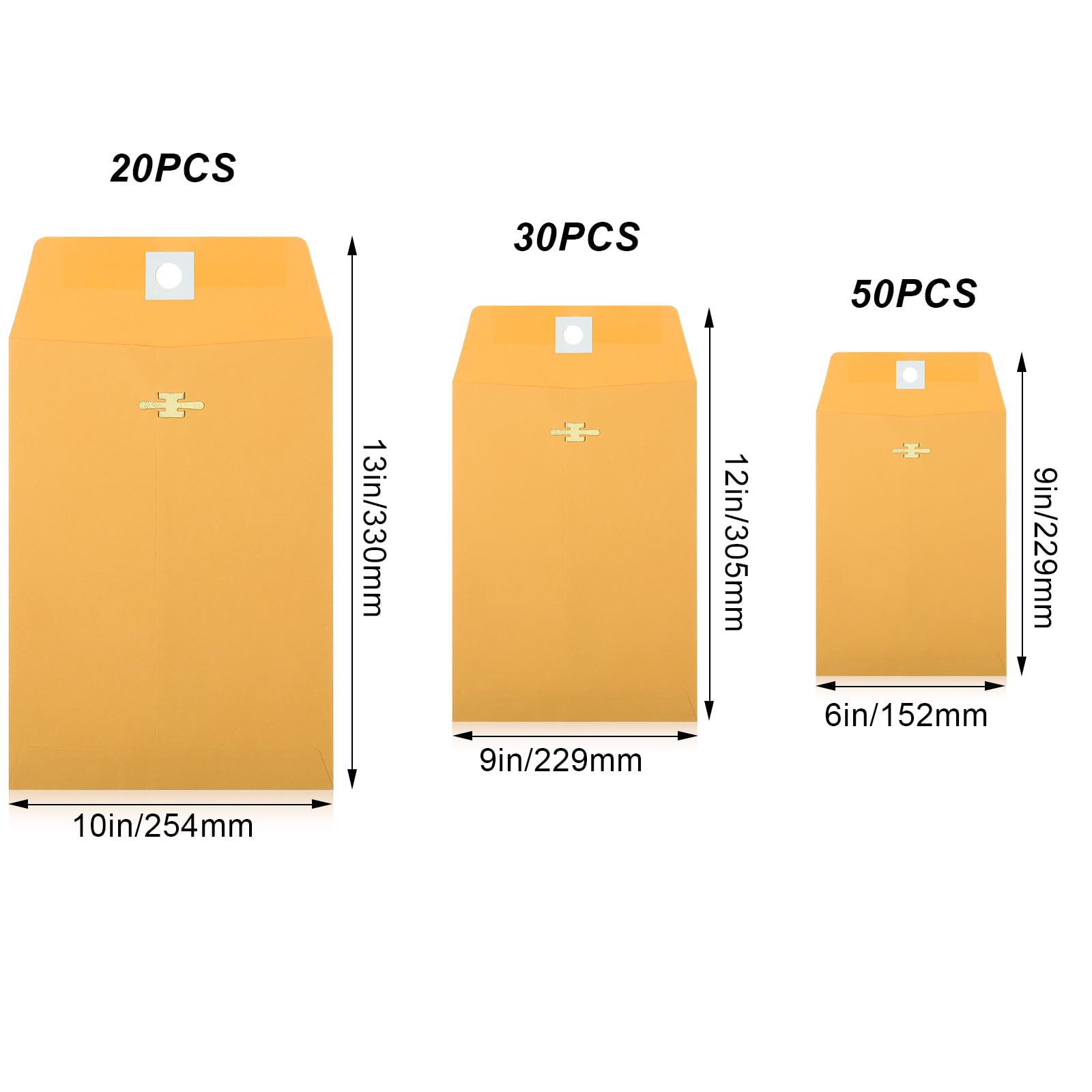 Zonon Lot de 100 enveloppes en papier kraft de 3 tailles avec fermoir pour classement, stockage, protection de la vie privée ou envoi de documents (25,4 x 33 cm, 22,9 x 30,5 cm, 15,2 x 22,9 cm)