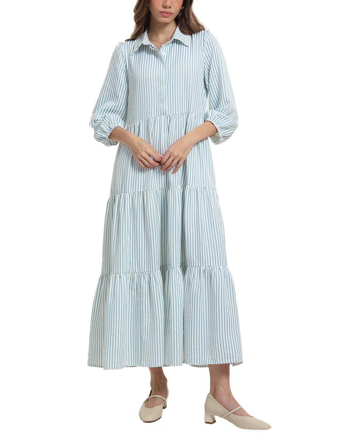 D-Sun Women Long Sleeve Maxi Dress V Neck Button Down Plaid Shirt Dress 3/4 Sleeve Flowy Tiered Collared Casual Long Dresses