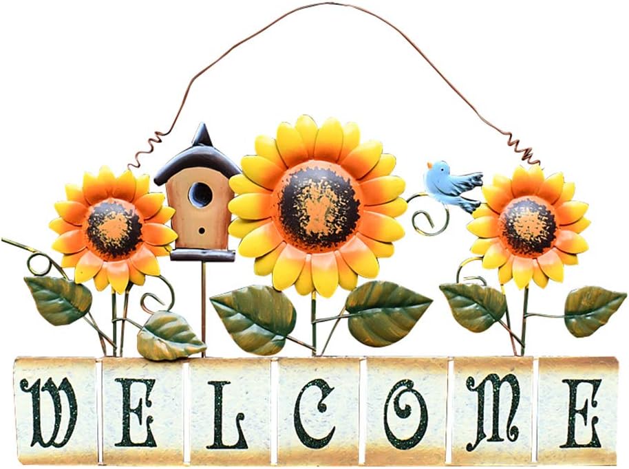 Metal Sunflower Welcome Sign Hanging Wall Art Door Decor for Indoor Outdoor Garden Wall Art