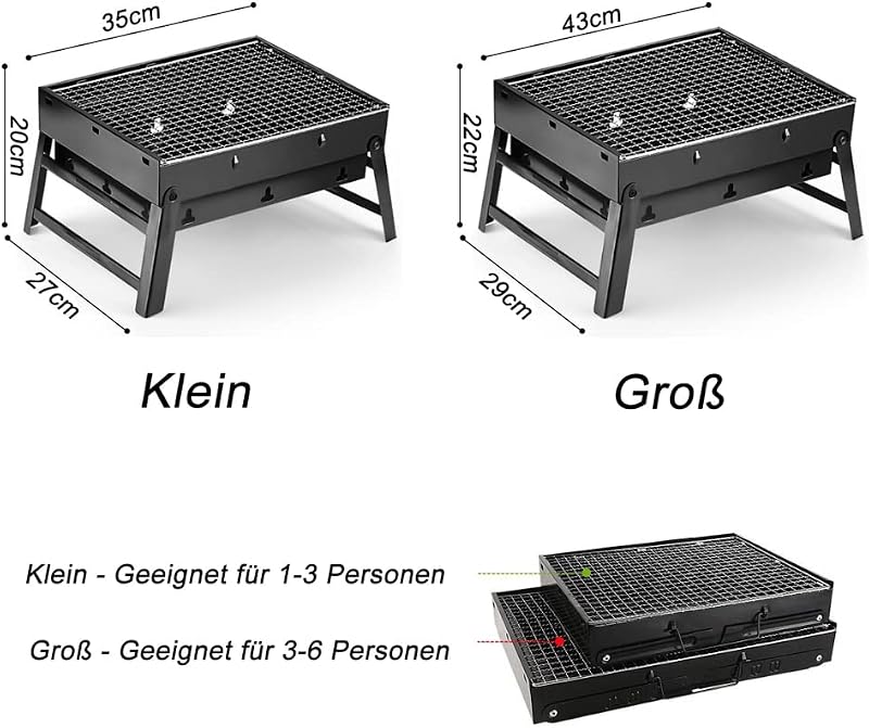 ROIMOE Hordozható Faszenes Grillsütő - Összecsukható Asztali BBQ Grill Kempingezéshez, Piknikezéshez, Fekete, Nagy Méret (43x29x22 cm)