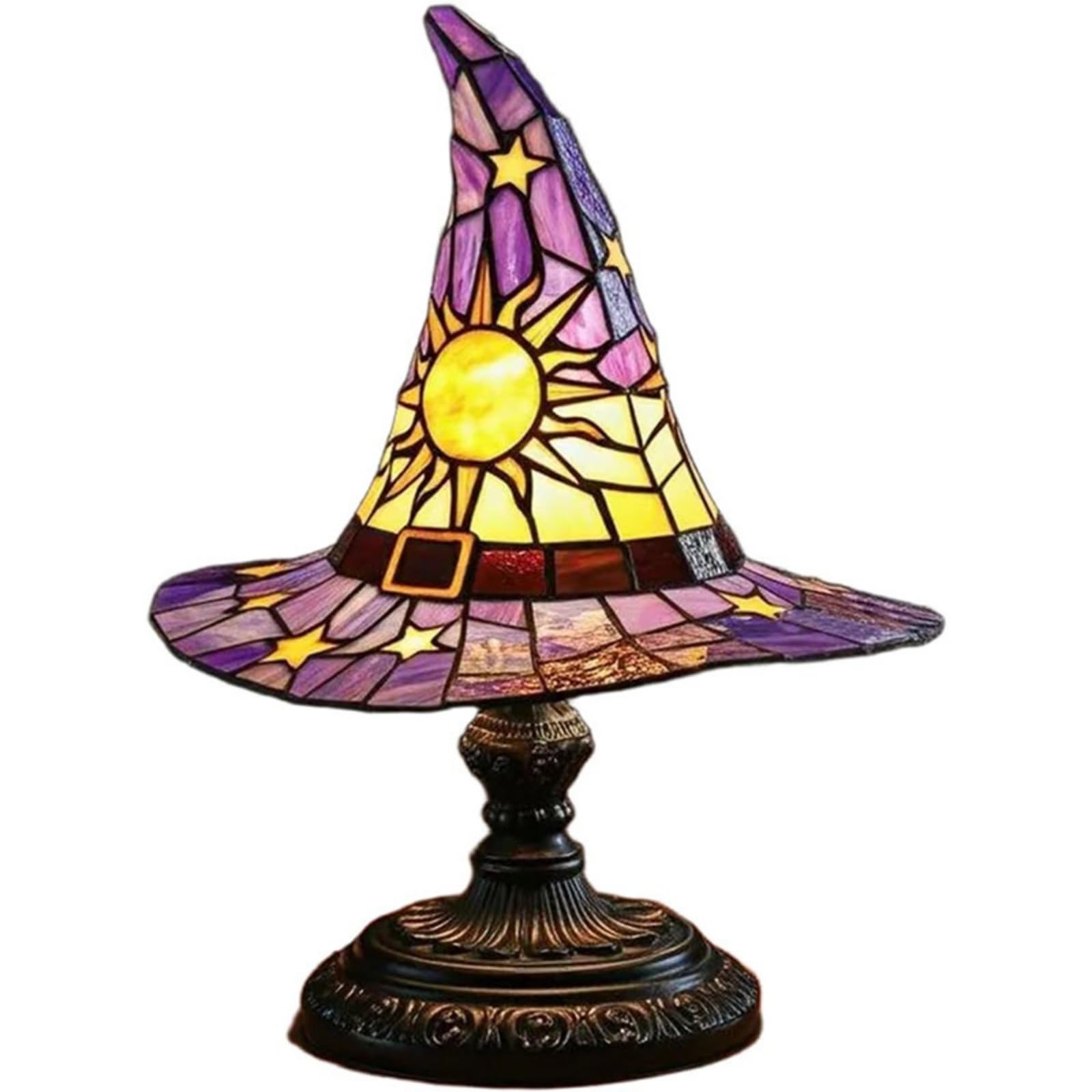 Enchanted Gothic Witch Hat Lamp: USB-Powered Witch Hat Stained Glass Night Light, Handmade Resin Table Lamp for Bedroom Decor & Halloween Party Ambiance