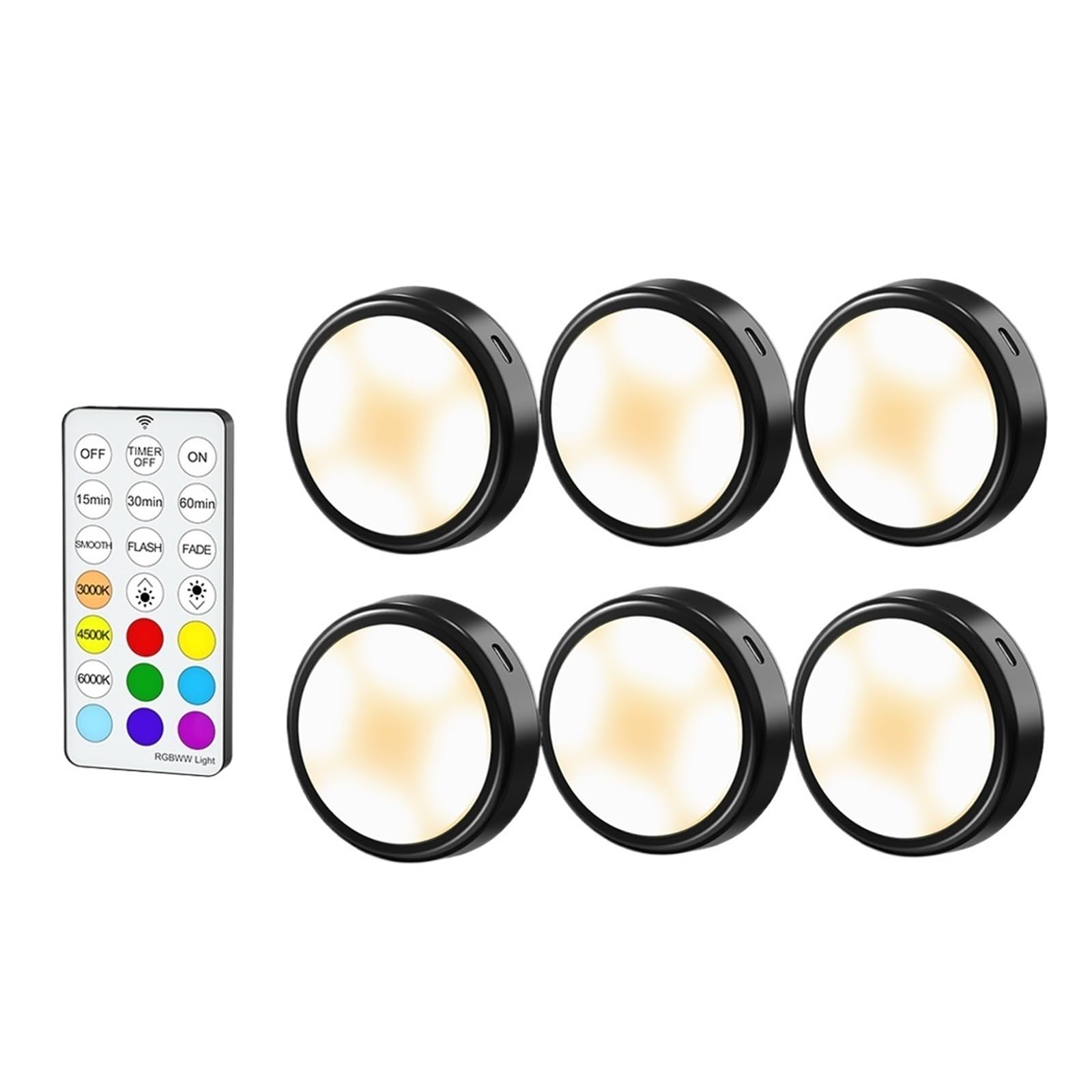 Czarna Okrągła Lampa LED Podszafkowa Do Szafy, Ściemnialna, Na Biurko, Z Pilotem łAtwa Instalacja(6lamp 1remote)