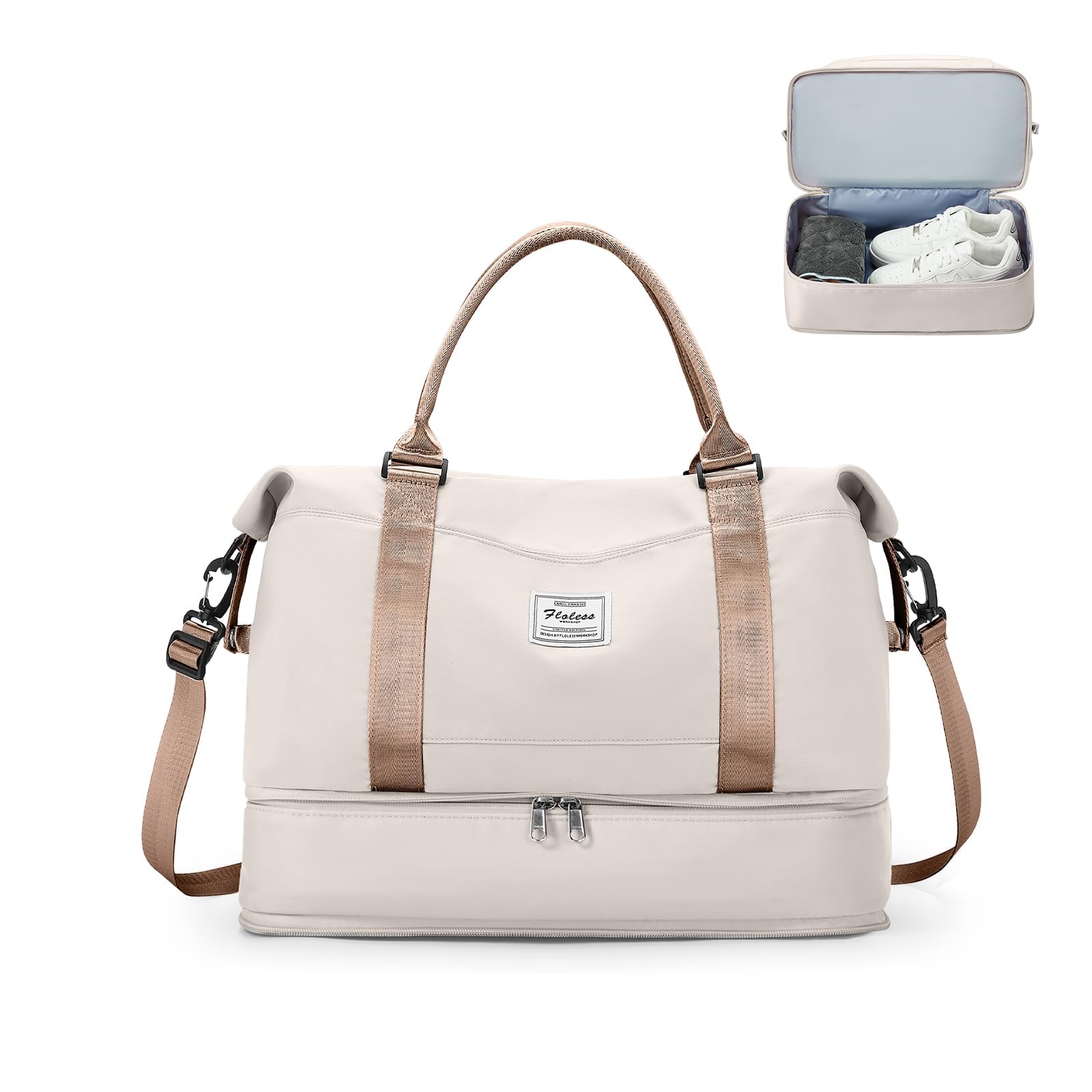 SEAFEW Bolsa de Viaje 40x20x25 para Ryanair,Impermeable Bolsa de Deporte para Gimnasio,Bolsa de Mano Equipaje de Fin de Semana 40x30x20 para Mujer,Bolso de Natación para Playa,D10-Marrón Beige Claro